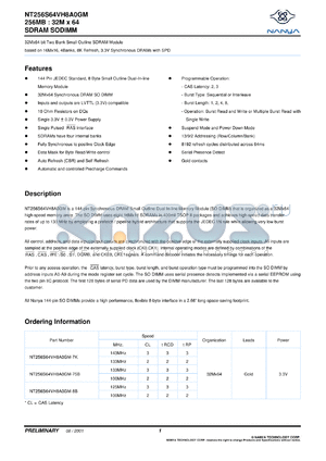 NT256S64VH8A0GM-7K datasheet - 256Mb: 32Mx64 SDRAM module based on 16Mx16, 4Banks, 8K refresh, 3.3V synchronous DRAM with SPD