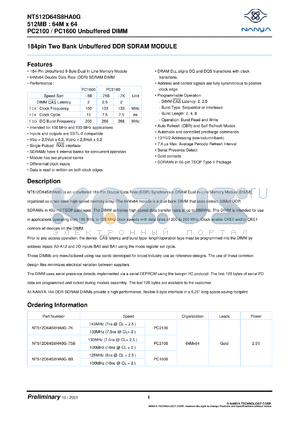 NT512D64S8HA0G-8B datasheet - 256Mb: 64Mx64; unbuffered DDR SDRAM module