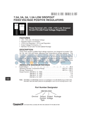 OM186-15SC datasheet - 1.5A; three terminal, low dropout, fixed voltage, precision positive regulator