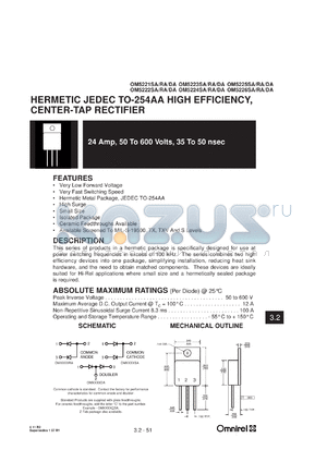 OM5222RA datasheet - 24Amp high efficiency, center-tap rectifier