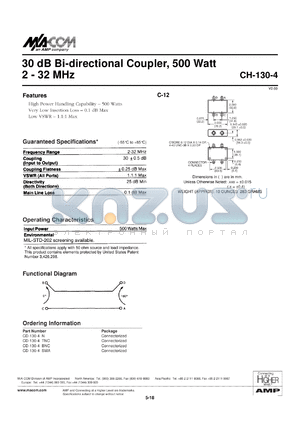 CH-130-4N datasheet - 2-32 MHz, 500 Watt,  30 dB Bi-directional coupler