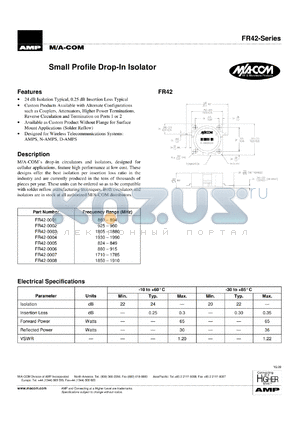 FR42-0008 datasheet - 1850-1910 MHz,small profile DROP-IN circulator