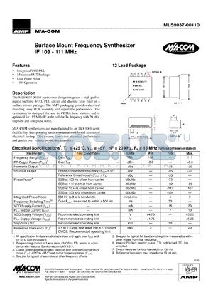 MLS9037-00111TR datasheet - 109-111 MHz, Surface mount frequency synthesizer IF