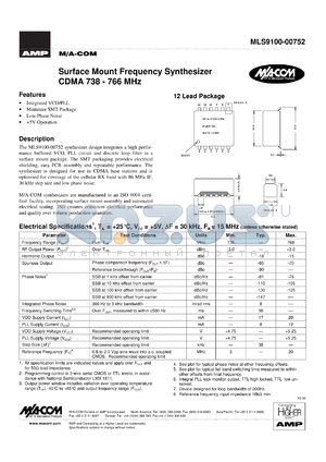 MLS9100-00752TR datasheet - CDMA 738-766 MHz, Surface mount frequency synthesizer