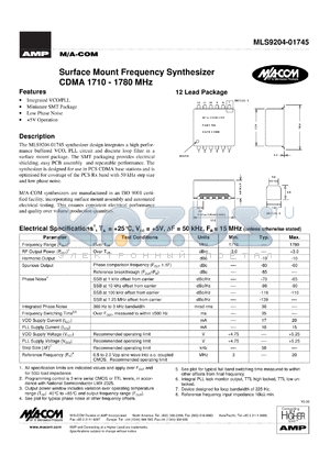 MLS9204-01745TR datasheet - CDMA 1710-1780 MHz, Surface mount frequency synthesizer