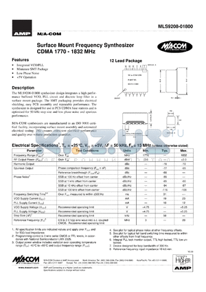 MLS9208-01800TR datasheet - CDMA 1770-1832 MHz, Surface mount frequency synthesizer