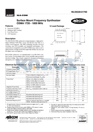 MLS9228-01760TR datasheet - CDMA 1720-1800 MHz, Surface mount frequency synthesizer