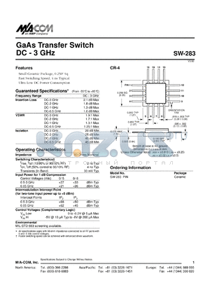 SW-283 datasheet - DC-3 GHz,   GaAs transfer  switch