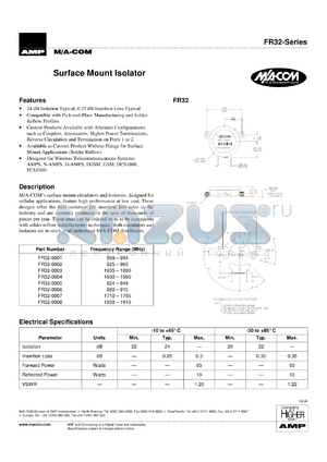 FR32-0006 datasheet - 880-915 MHz, surface mount isolator