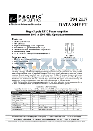 PM2117 datasheet - Single supply RFIC power amplifier 2400 to 2500 MHz operation.