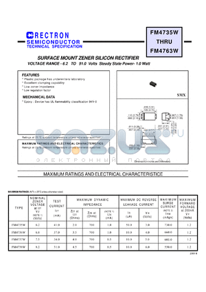 FM4753W datasheet - Surface mount zener silicon rectifier. Zener voltage Vz=36V(nom). Standard voltage tolerance 10%, suffix A: +-5%.