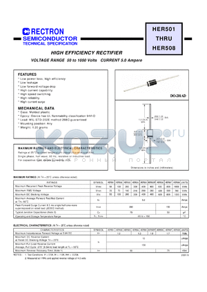 HER505P datasheet - High efficiency rectifier. Max recurrent peak reverse voltage 400V, max RMS voltage 280V, max DC blocking voltage 400V. Max average forward recttified current 5.0A at 50degreC.