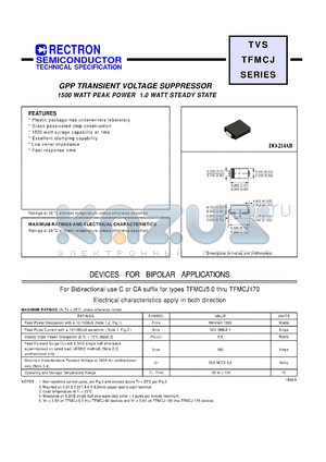 TFMCJ70 datasheet - GPP transient voltage suppressor. Breakdown voltage 77.8V to 95.1V. 1500W peak power, 1.0W steady state. For bidirectional use C suffix.