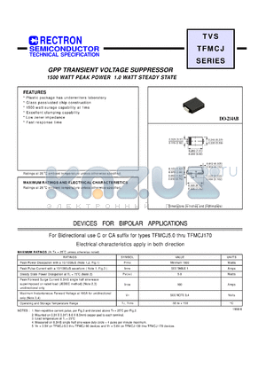 TFMCJ78A datasheet - GPP transient voltage suppressor. Breakdown voltage 86.7V to 95.8V. 1500W peak power, 1.0W steady state. For bidirectional use CA suffix.