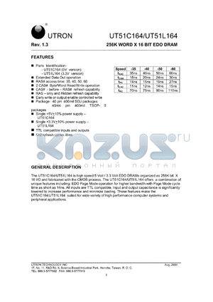 UT51L164MC-40 datasheet - Access time: 40 ns, 256 K x 16 Bit EDO DRAM