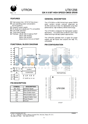 UT61256JC-10 datasheet - Access time: 10 ns, 32 K x 8 Bit high speed CMOS SRAM