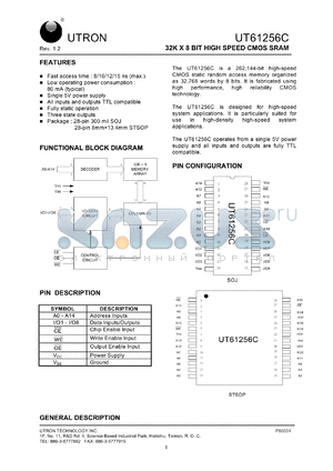 UT61256CLS-8 datasheet - Access time: 8 ns, 32 K x 8 Bit high speed CMOS SRAM