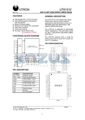 UT61512JC-12 datasheet - Access time: 12 ns, 64 K x 8 Bit high speed CMOS SRAM