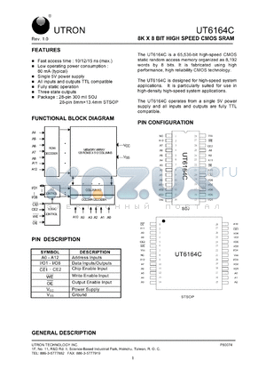 UT6164CJC-12 datasheet - Access time: 12 ns, 8 K x 8 Bit high speed CMOS SRAM