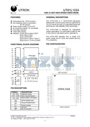 UT61L1024LS-15 datasheet - Access time: 15 ns, 128 K x 8 Bit high speed CMOS SRAM