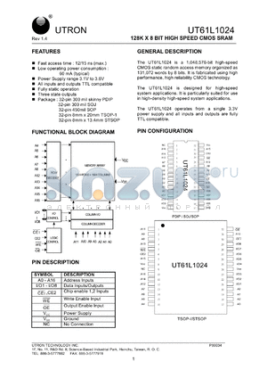 UT61L1024LC-12 datasheet - Access time: 12 ns, 128 K x 8 Bit high speed CMOS SRAM