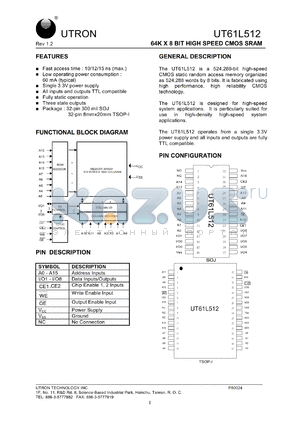 UT61L512LC-15 datasheet - Access time: 15 ns, 64 K x 8 Bit high speed CMOS SRAM