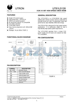 UT61L5128MC-15 datasheet - Access time: 15 ns, 512 K x 8 Bit high speed CMOS SRAM