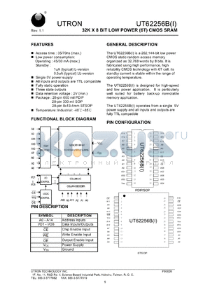 UT62256BSC-35LI datasheet - Access time: 35 ns, 32 K x 8 Bit low power CMOS SRAM