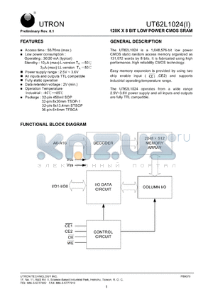 UT62L1024LS-55LLI datasheet - Access time: 55 ns, 128 K x 8 Bit low power CMOS SRAM