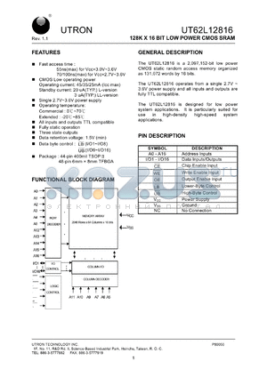 UT62L12816MC-55LL datasheet - Access time: 55 ns, 128 K x 8 Bit low power CMOS SRAM