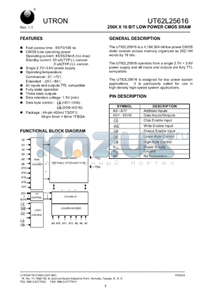 UT62L25616BS-55LE datasheet - Access time: 55 ns, 256 K x 16 Bit low power CMOS SRAM