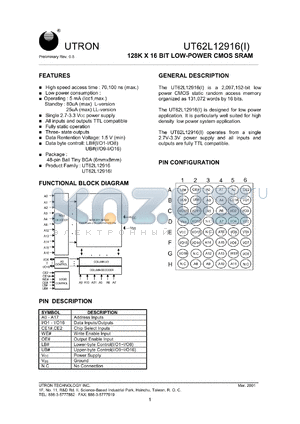 UT62L12916BS-100LLI datasheet - Access time: 100 ns, 128 K x 16 Bit low power CMOS SRAM