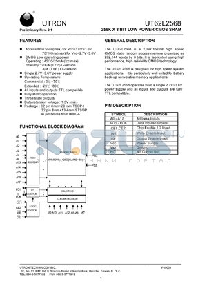 UT62L2568LC-70L datasheet - Access time: 70 ns, 256 K x 8 Bit low power CMOS SRAM