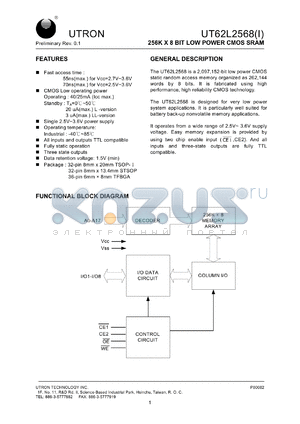 UT62L2568LS-55LI datasheet - Access time: 55 ns, 256 K x 8 Bit low power CMOS SRAM