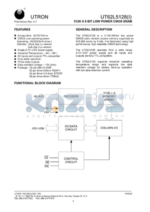 UT62L5128SC-70LLI datasheet - Access time: 70 ns, 512 K x 8 Bit low power CMOS SRAM