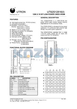 UT62S12816MC-70LI datasheet - Access time: 70 ns, 128 K x 16 Bit low power CMOS SRAM