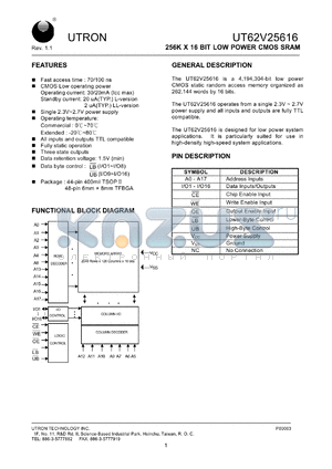 UT62V25616BS-70LL datasheet - Access time: 70 ns, 256 K x 16 Bit low power CMOS SRAM