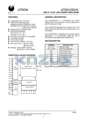 UT62V25616BS-100LL datasheet - Access time: 100 ns, 256 K x 16 Bit low power CMOS SRAM