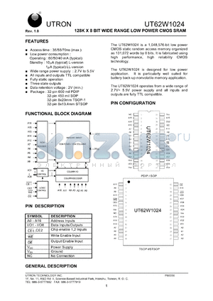 UT62W1024PC-55LL datasheet - Access time: 55 ns, 128 K x 8 Bit wide range low power CMOS SRAM