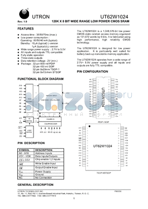 UT62W1024LS-55L datasheet - Access time: 55 ns, 128 K x 8 Bit wide range low power CMOS SRAM