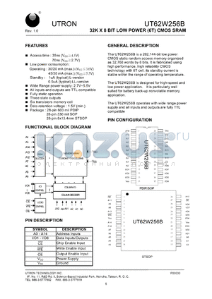 UT62W256BSC-35L datasheet - Access time: 35 ns, 32 K x 8 Bit low power CMOS SRAM