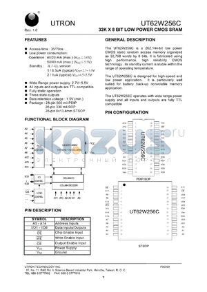 UT62W256CPC-70L datasheet - Access time: 70 ns, 32 K x 8 Bit low power CMOS SRAM