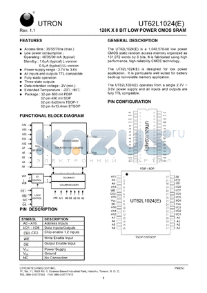 UT62L1024LS-55LE datasheet - Access time: 55 ns, 128 K x 8 Bit low power CMOS SRAM