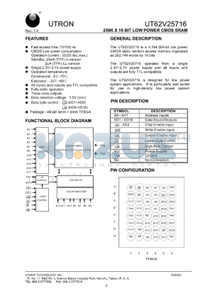 UT62V25716BS-100LL datasheet - Access time: 100 ns, 256 K x 16 Bit low power CMOS SRAM