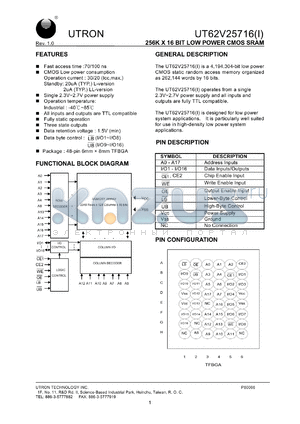 UT62V25716BS-70LLI datasheet - Access time: 70 ns, 256 K x 16 Bit low power CMOS SRAM