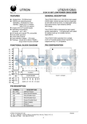 UT62V5128LS-100LLI datasheet - Access time: 100 ns, 512 K x 8 Bit low power CMOS SRAM