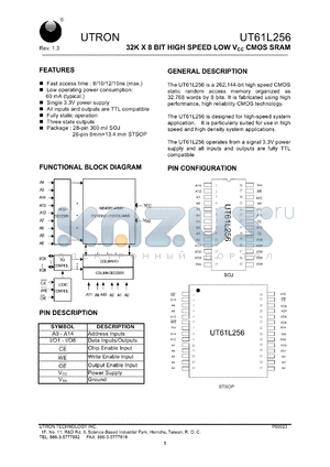 UT61L256LS-12 datasheet - Access time: 12 ns, 32 K x 8 Bit high speed low Vcc CMOS SRAM