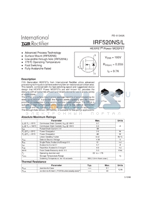 IRF520NL datasheet - HEXFET power MOSFET. VDSS = 100V, RDS(on) = 0.20 Ohm, ID = 9.7A