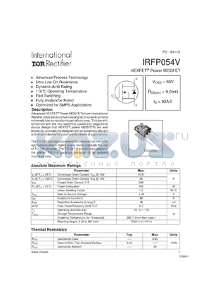 IRFP054V datasheet - HEXFET power MOSFET. VDSS = 60V, RDS(on) = 9.0mOhm, ID = 93A