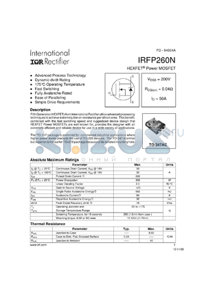IRFP260N datasheet - HEXFET power MOSFET. VDSS = 200 V, RDS(on) = 0.04 Ohm, ID = 50 A